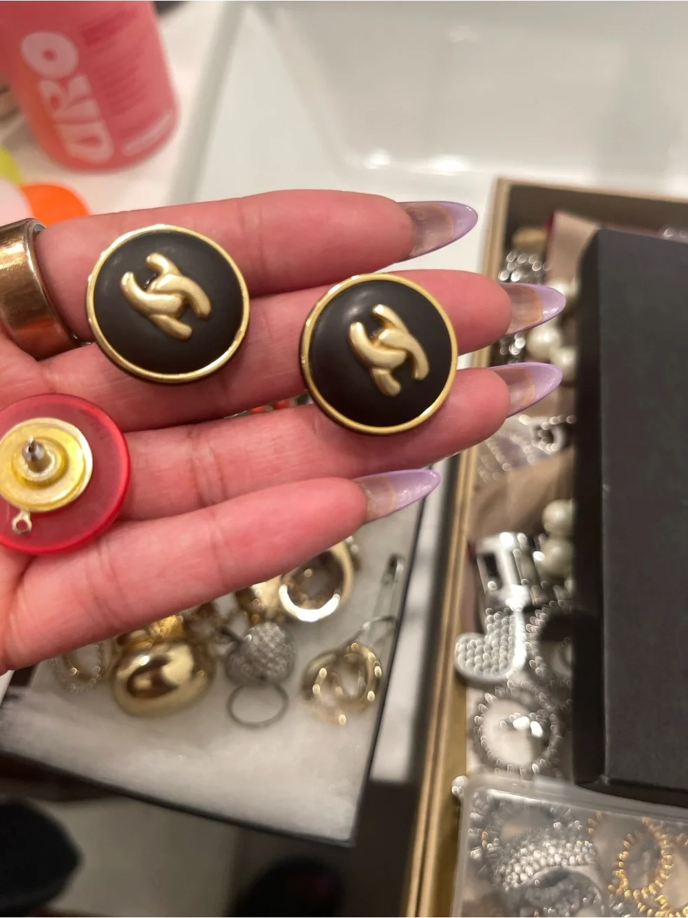 CHANEL Black and Gold Round CC Button up-cycled into earrings